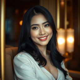 A close-up portrait of a stunning Asian woman with long black hair, wearing elegant makeup, seated gracefully in a luxurious environment