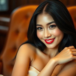 A close-up portrait of a stunning Asian woman with long black hair, wearing elegant makeup, seated gracefully in a luxurious environment