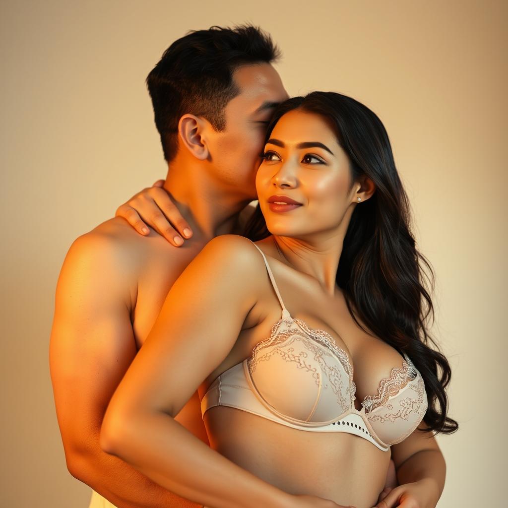 A 39-year-old Indonesian man with pure white skin is embracing a beautiful 28-year-old woman from behind, kissing her cheek in a deeply affectionate manner