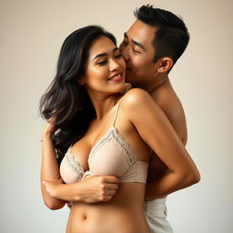 A 39-year-old Indonesian man with pure white skin is embracing a beautiful 28-year-old woman from behind, kissing her cheek in a deeply affectionate manner