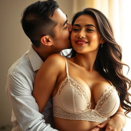 A 39-year-old Indonesian man with pure white skin is embracing a beautiful 28-year-old woman from behind, kissing her cheek in a deeply affectionate manner