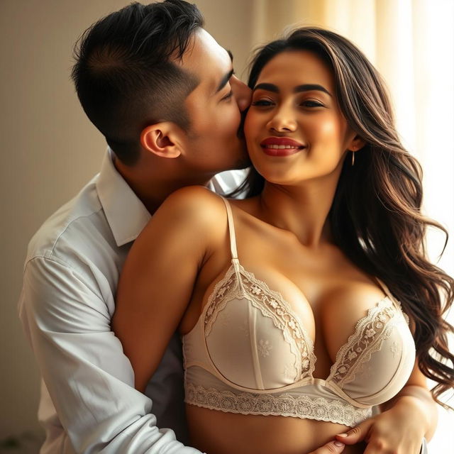 A 39-year-old Indonesian man with pure white skin is embracing a beautiful 28-year-old woman from behind, kissing her cheek in a deeply affectionate manner