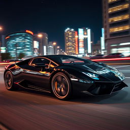 a sleek black sports car, parked in an urban environment at night, with neon city lights reflecting off its glossy surface, showcasing its aerodynamic design and shiny alloy wheels, a starry sky above, and a hint of motion blur suggesting speed, emphasizing the luxury and elegance of the vehicle