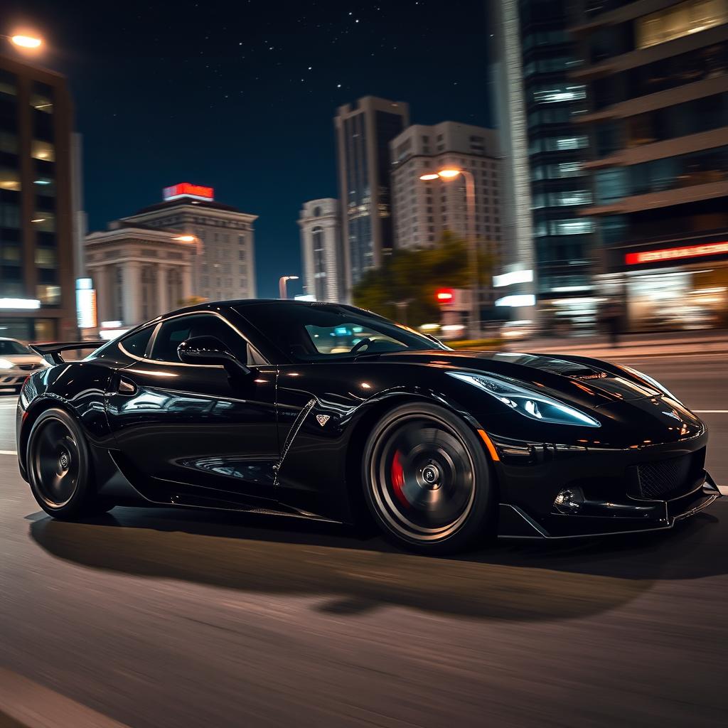 a sleek black sports car, parked in an urban environment at night, with neon city lights reflecting off its glossy surface, showcasing its aerodynamic design and shiny alloy wheels, a starry sky above, and a hint of motion blur suggesting speed, emphasizing the luxury and elegance of the vehicle