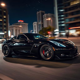 a sleek black sports car, parked in an urban environment at night, with neon city lights reflecting off its glossy surface, showcasing its aerodynamic design and shiny alloy wheels, a starry sky above, and a hint of motion blur suggesting speed, emphasizing the luxury and elegance of the vehicle