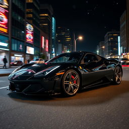 a sleek black sports car, parked in an urban environment at night, with neon city lights reflecting off its glossy surface, showcasing its aerodynamic design and shiny alloy wheels, a starry sky above, and a hint of motion blur suggesting speed, emphasizing the luxury and elegance of the vehicle