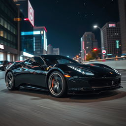 a sleek black sports car, parked in an urban environment at night, with neon city lights reflecting off its glossy surface, showcasing its aerodynamic design and shiny alloy wheels, a starry sky above, and a hint of motion blur suggesting speed, emphasizing the luxury and elegance of the vehicle
