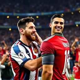A dramatic and humorous scene where Lionel Messi is getting playfully slapped on the cheek by Cristiano Ronaldo