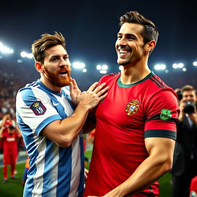 A dramatic and humorous scene where Lionel Messi is getting playfully slapped on the cheek by Cristiano Ronaldo