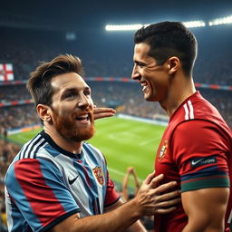 A dramatic and humorous scene where Lionel Messi is getting playfully slapped on the cheek by Cristiano Ronaldo