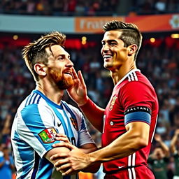 A dramatic and humorous scene where Lionel Messi is getting playfully slapped on the cheek by Cristiano Ronaldo