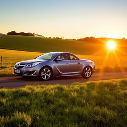 an Opel Vectra, a stylish and sporty sedan, parked in a scenic countryside setting during sunset, showcasing its sleek lines and modern design, with the sun casting a warm golden glow on the car, surrounded by lush green fields and a clear blue sky, emphasizing the vehicle's elegance and functionality