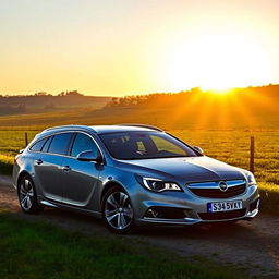 an Opel Vectra, a stylish and sporty sedan, parked in a scenic countryside setting during sunset, showcasing its sleek lines and modern design, with the sun casting a warm golden glow on the car, surrounded by lush green fields and a clear blue sky, emphasizing the vehicle's elegance and functionality