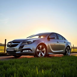 an Opel Vectra, a stylish and sporty sedan, parked in a scenic countryside setting during sunset, showcasing its sleek lines and modern design, with the sun casting a warm golden glow on the car, surrounded by lush green fields and a clear blue sky, emphasizing the vehicle's elegance and functionality