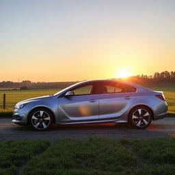 an Opel Vectra, a stylish and sporty sedan, parked in a scenic countryside setting during sunset, showcasing its sleek lines and modern design, with the sun casting a warm golden glow on the car, surrounded by lush green fields and a clear blue sky, emphasizing the vehicle's elegance and functionality
