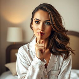 A gorgeous 45-year-old woman wearing an elegant pajama set, positioned front-facing and looking directly at the camera