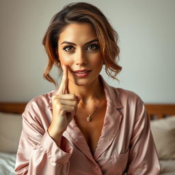 A gorgeous 45-year-old woman wearing an elegant pajama set, positioned front-facing and looking directly at the camera
