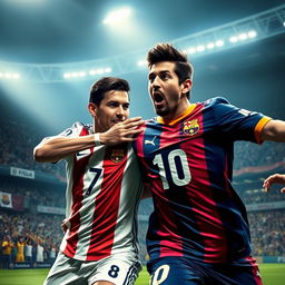 A dynamic and intense scene capturing Cristiano Ronaldo striking Lionel Messi with a slap, showcasing competitive tension in a football match