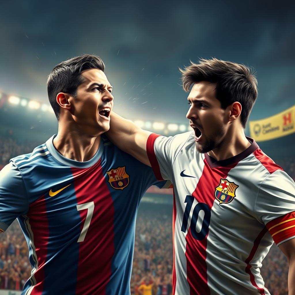 A dynamic and intense scene capturing Cristiano Ronaldo striking Lionel Messi with a slap, showcasing competitive tension in a football match