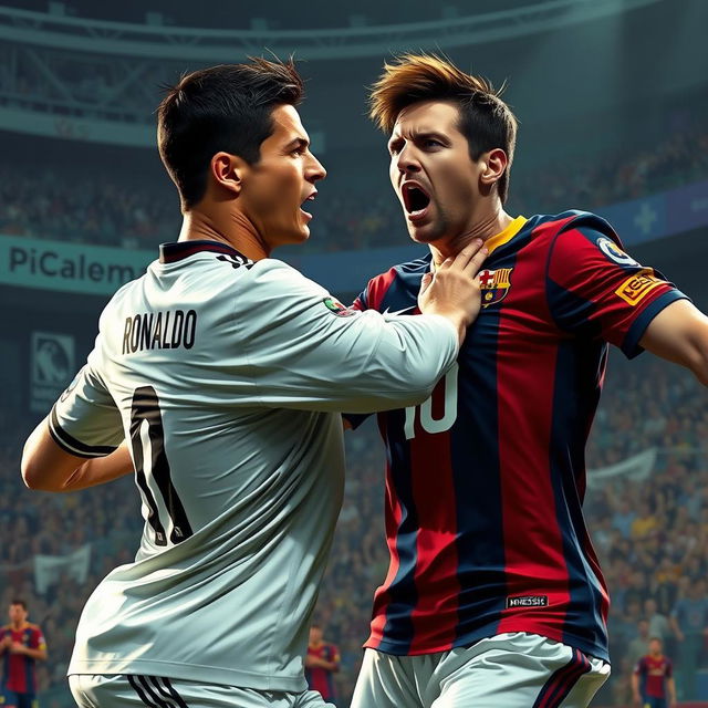 A dynamic and intense scene capturing Cristiano Ronaldo striking Lionel Messi with a slap, showcasing competitive tension in a football match