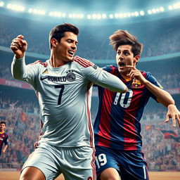 A dynamic and intense scene capturing Cristiano Ronaldo striking Lionel Messi with a slap, showcasing competitive tension in a football match
