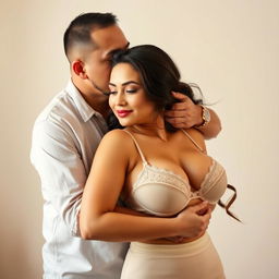 A 39-year-old Indonesian man with pure white skin affectionately embraces a beautiful 28-year-old woman from behind, kissing her cheek