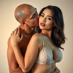 A 39-year-old Indonesian man with pure white skin affectionately embraces a beautiful 28-year-old woman from behind, kissing her cheek