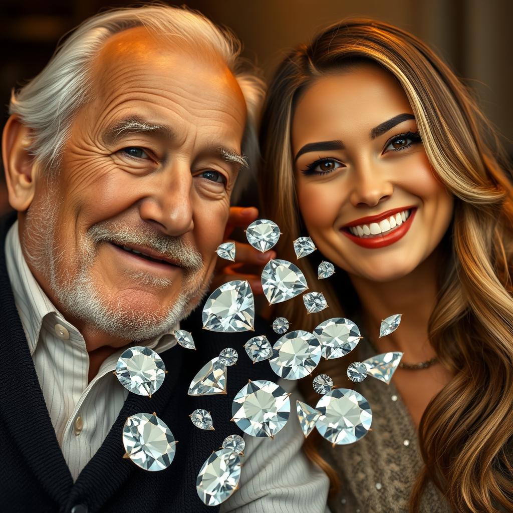 An elderly man with a wise and kind expression, sitting next to a young woman with a bright smile and sparkling eyes