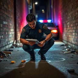 A police officer diligently investigating a crime scene, crouched down inspecting evidence on the ground