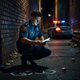 A police officer diligently investigating a crime scene, crouched down inspecting evidence on the ground