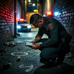 A police officer diligently investigating a crime scene, crouched down inspecting evidence on the ground