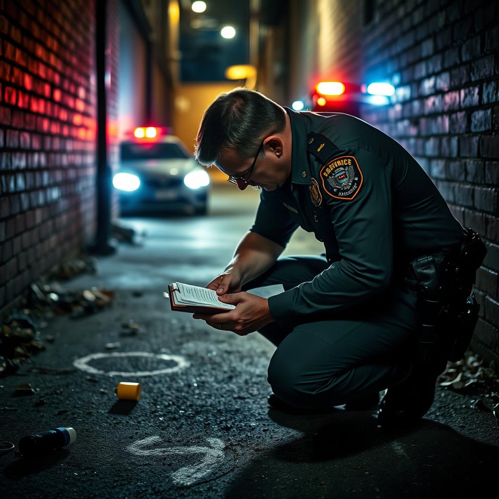 A police officer diligently investigating a crime scene, crouched down inspecting evidence on the ground