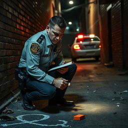 A police officer diligently investigating a crime scene, crouched down inspecting evidence on the ground