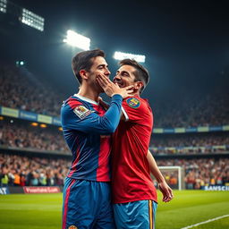 A dramatic and dynamic scene depicting Cristiano Ronaldo playfully slapping Lionel Messi on the cheek during a lighthearted moment on a football pitch