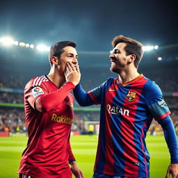 A dramatic and dynamic scene depicting Cristiano Ronaldo playfully slapping Lionel Messi on the cheek during a lighthearted moment on a football pitch
