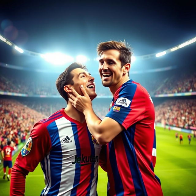 A dramatic and dynamic scene depicting Cristiano Ronaldo playfully slapping Lionel Messi on the cheek during a lighthearted moment on a football pitch