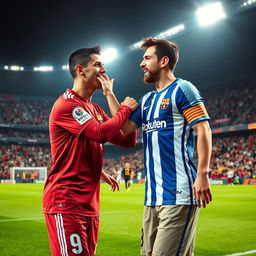 A dramatic and dynamic scene depicting Cristiano Ronaldo playfully slapping Lionel Messi on the cheek during a lighthearted moment on a football pitch