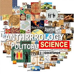 A mosaic-style visual representation that combines various images, symbols, and keywords reflecting the core concepts, goals, and perspectives of Anthropology, Sociology, and Political Science