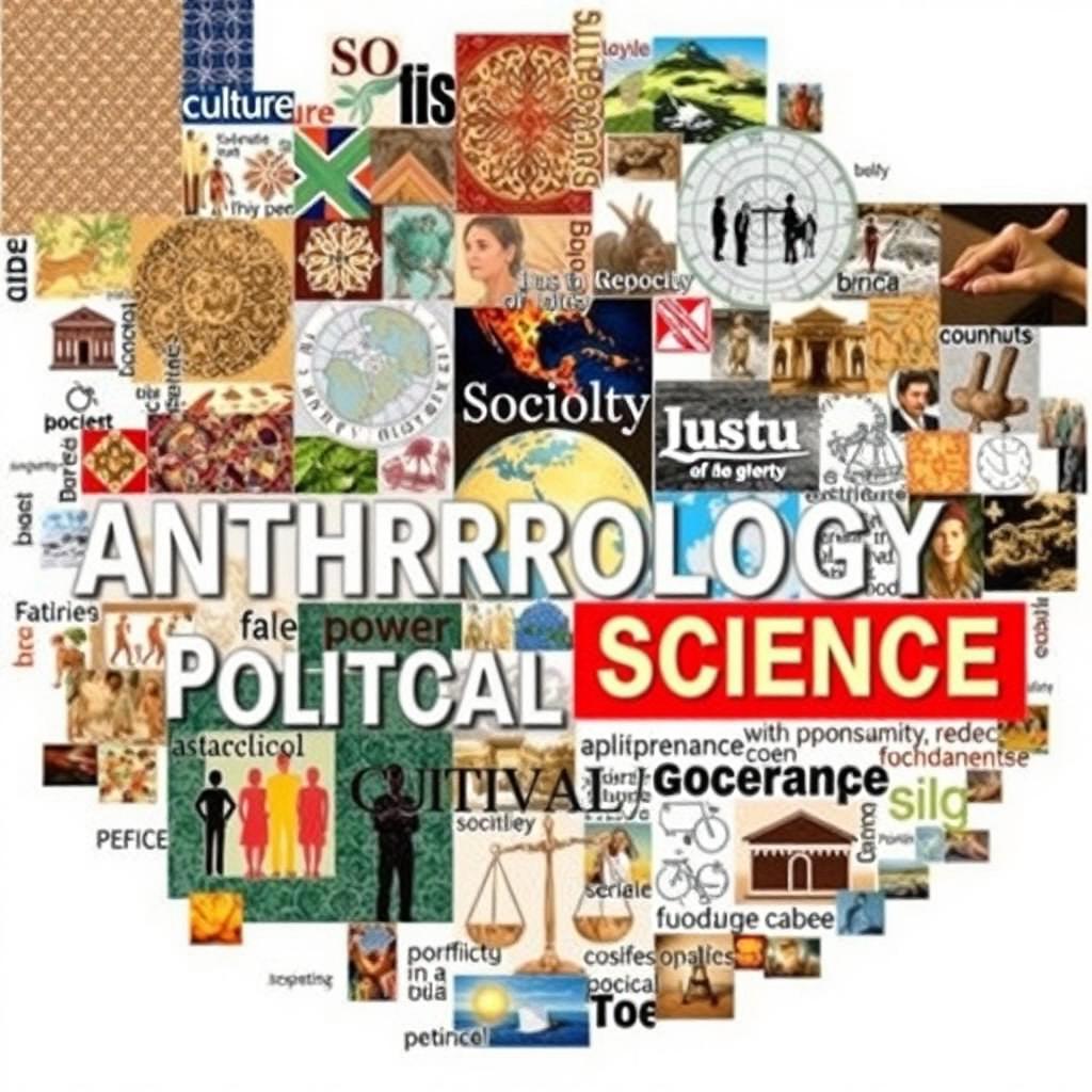 A mosaic-style visual representation that combines various images, symbols, and keywords reflecting the core concepts, goals, and perspectives of Anthropology, Sociology, and Political Science