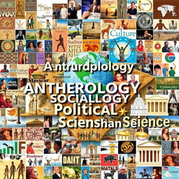 A mosaic-style visual representation that combines various images, symbols, and keywords reflecting the core concepts, goals, and perspectives of Anthropology, Sociology, and Political Science