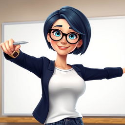 A Disney Pixar-style illustration of a pretty female teacher character, age 50, with a youthful appearance