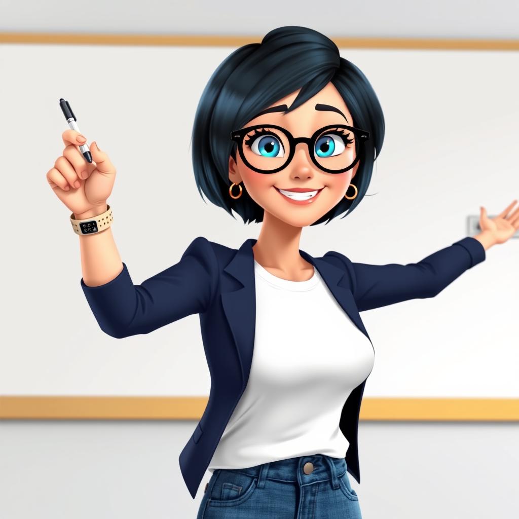A Disney Pixar-style illustration of a pretty female teacher character, age 50, with a youthful appearance