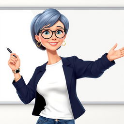 A Disney Pixar-style illustration of a pretty female teacher character, age 50, with a youthful appearance