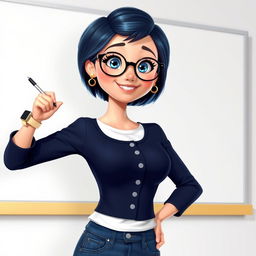 A Disney Pixar-style illustration of a pretty female teacher character, age 50, with a youthful appearance
