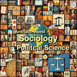 A mosaic-style visual representation that combines various images, symbols, and keywords reflecting the core concepts, goals, and perspectives of Anthropology, Sociology, and Political Science