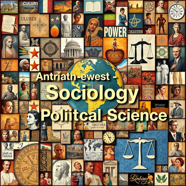A mosaic-style visual representation that combines various images, symbols, and keywords reflecting the core concepts, goals, and perspectives of Anthropology, Sociology, and Political Science