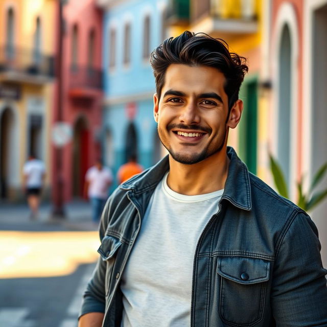 A South American man standing confidently, looking directly into the camera