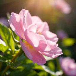 A close-up view of a female flower blooming beautifully, showcasing soft and delicate petals in shades of pink and lavender, surrounded by lush green leaves