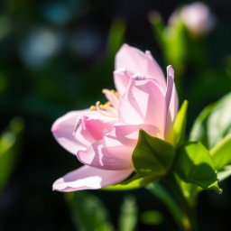 A close-up view of a female flower blooming beautifully, showcasing soft and delicate petals in shades of pink and lavender, surrounded by lush green leaves