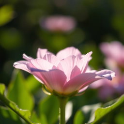 A close-up view of a female flower blooming beautifully, showcasing soft and delicate petals in shades of pink and lavender, surrounded by lush green leaves